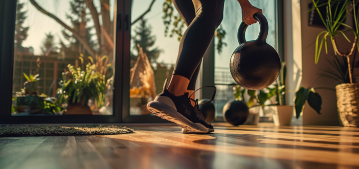 Athlet führt einen kraftvollen Kettlebell-Swing in einem hellen Home-Gym aus, die Kugelhantel auf Brusthöhe