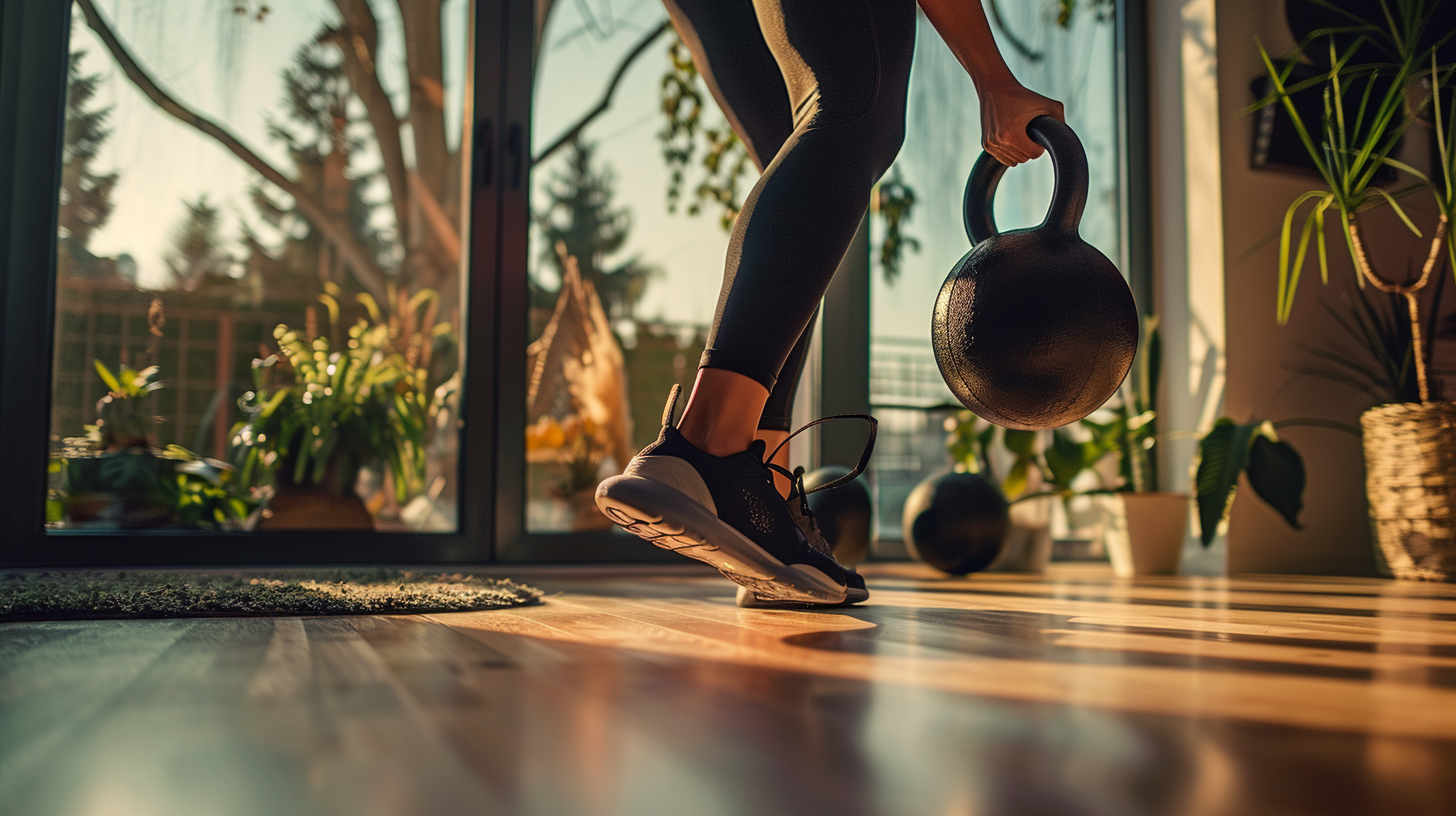 Athlet führt einen kraftvollen Kettlebell-Swing in einem hellen Home-Gym aus, die Kugelhantel auf Brusthöhe