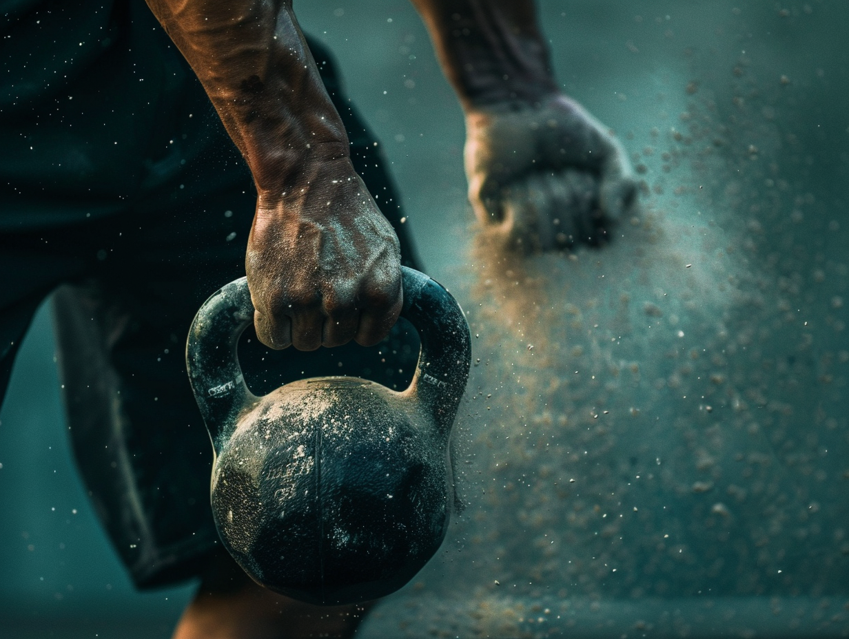 Nahaufnahme einer Kettlebell in der Rack-Position an der Schulter, Fokus auf sauberem Griff und Handgelenk