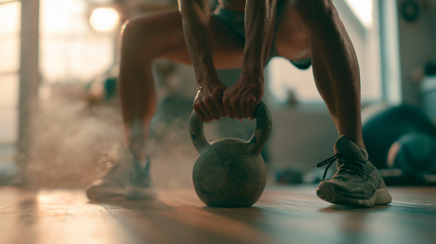 ** Athlet trainiert zuhause mit einer Kettlebell im Ganzkörper-Workout, Swing-Bewegung