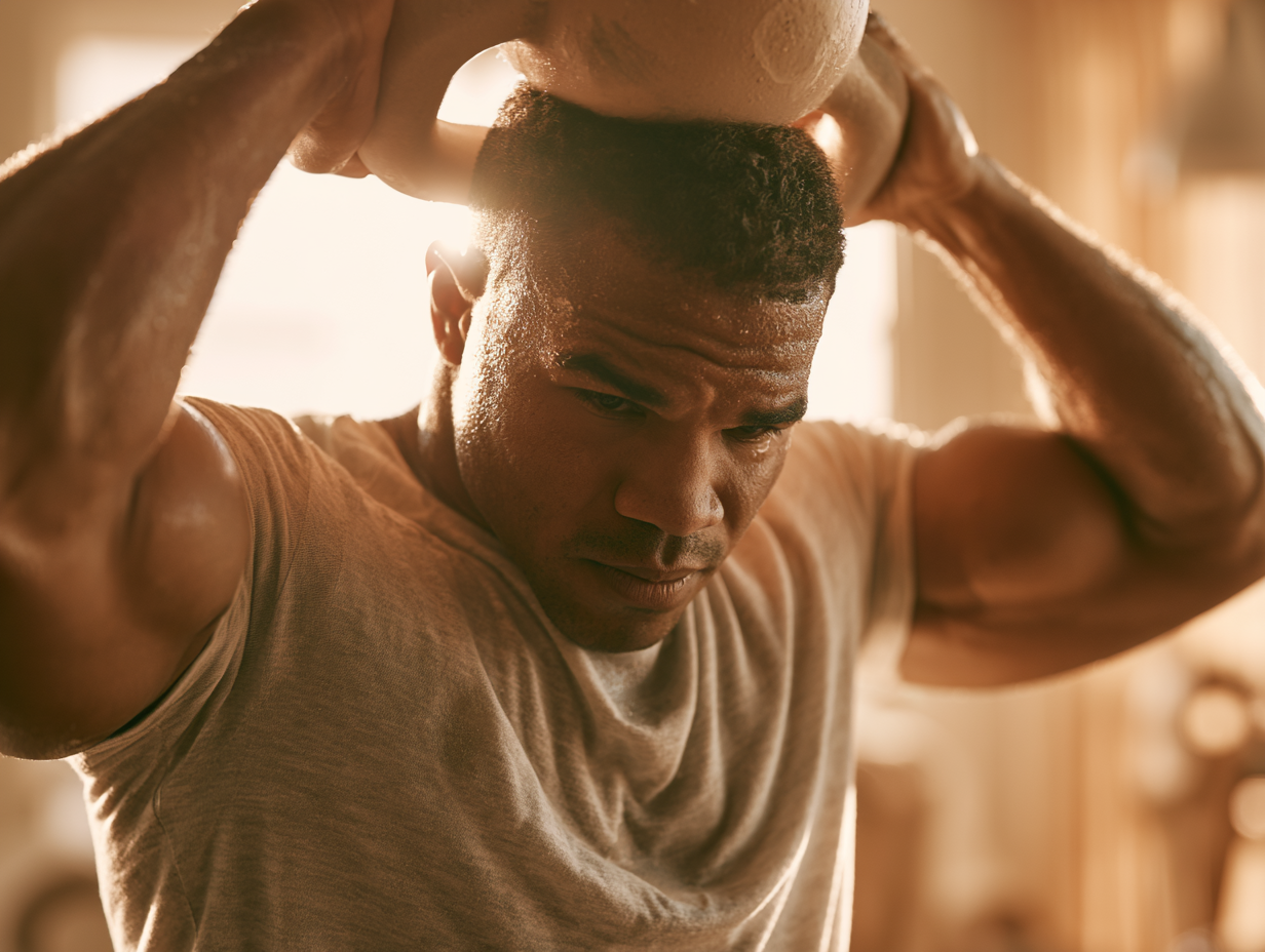 ** Person wärmt sich mit einem Kettlebell-Halo um den Kopf auf, Schulter-Mobilität