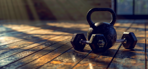 Kettlebell und Kurzhantel nebeneinander auf dem Boden eines Home Gyms, der versetzte Schwerpunkt der Kettlebell im Vergleich zur ausbalancierten Hantel