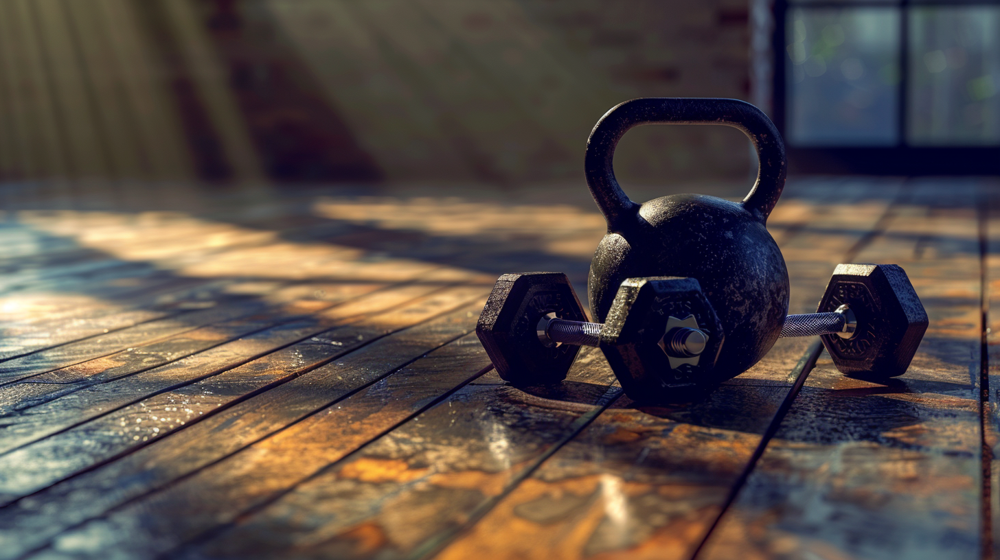 Kettlebell und Kurzhantel nebeneinander auf dem Boden eines Home Gyms, der versetzte Schwerpunkt der Kettlebell im Vergleich zur ausbalancierten Hantel