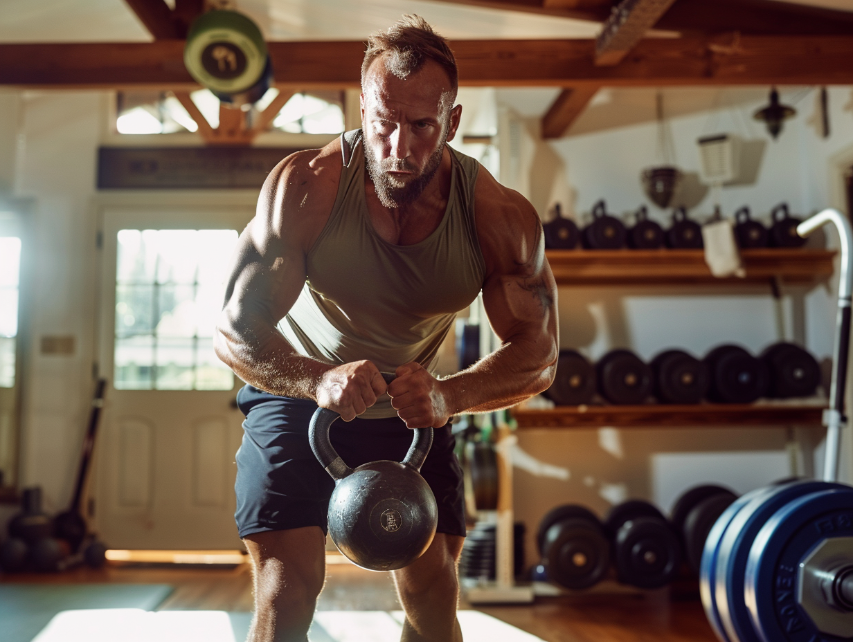 Athlet führt einen explosiven Kettlebell-Swing aus, die Glocke auf Schulterhöhe, Rumpf angespannt