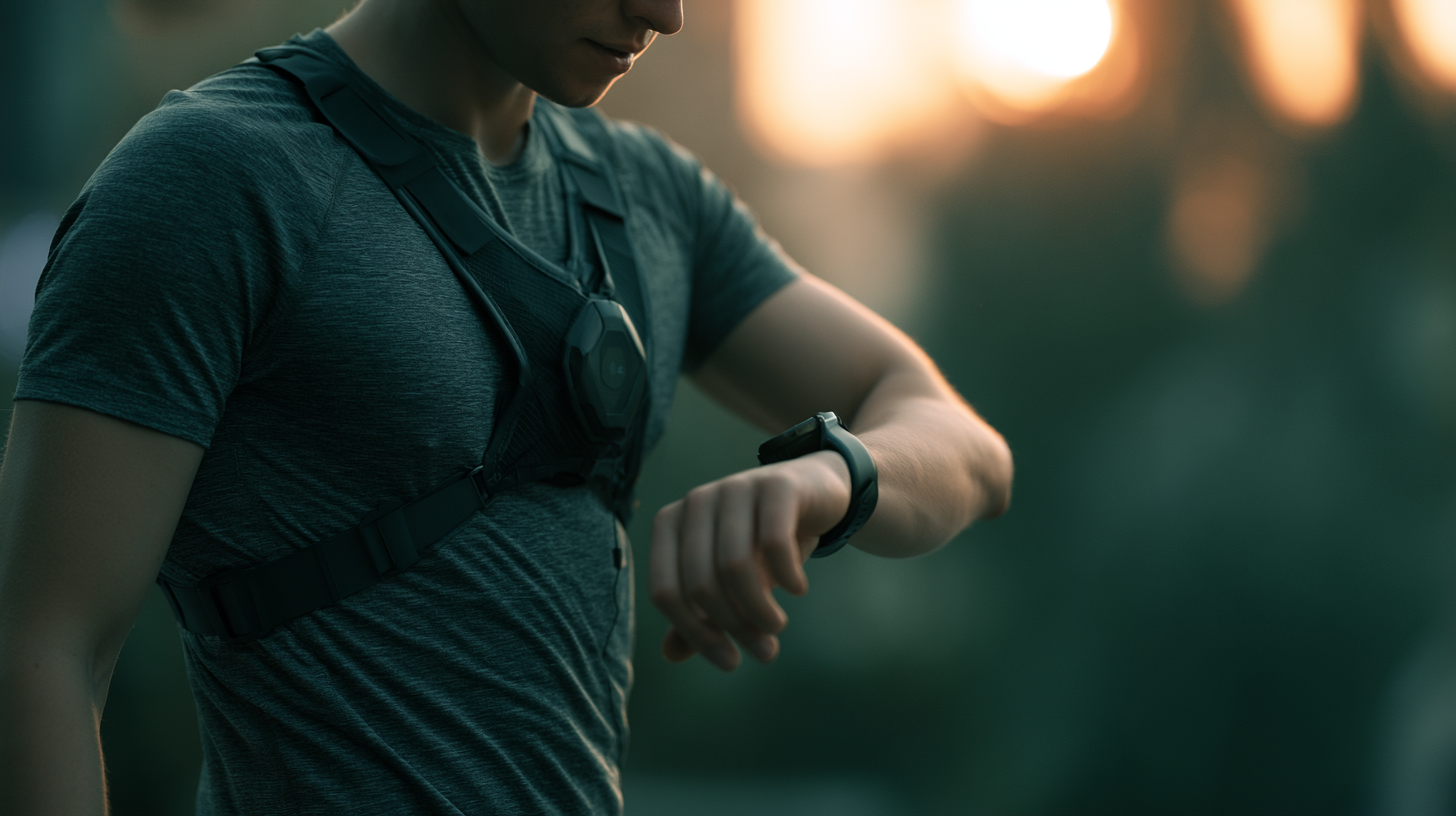 ** Läufer mit Brustgurt und Sportuhr am Handgelenk kontrolliert seine Herzfrequenz beim Training