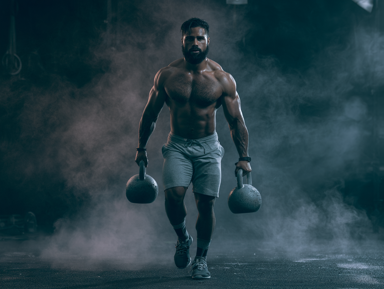 ** Sportler trägt zwei schwere Kettlebells beim Farmers Carry