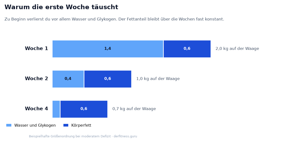 Zusammensetzung des Gewichtsverlusts: in Woche 1 überwiegt Wasser und Glykogen, ab Woche 2 bleibt vor allem der Fettanteil konstant