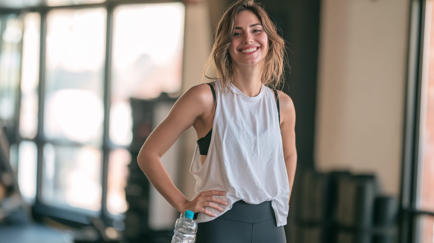 Sportliche Frau um die 30 nach dem Krafttraining, alltagstaugliche Figur