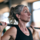 Frau um die 50 beim Krafttraining mit der Langhantel im Studio