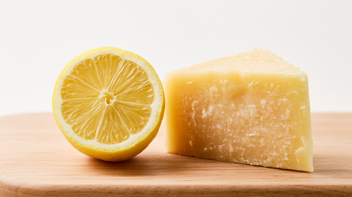 Zitrone neben einem Stück Hartkäse auf einem hellen Küchenbrett