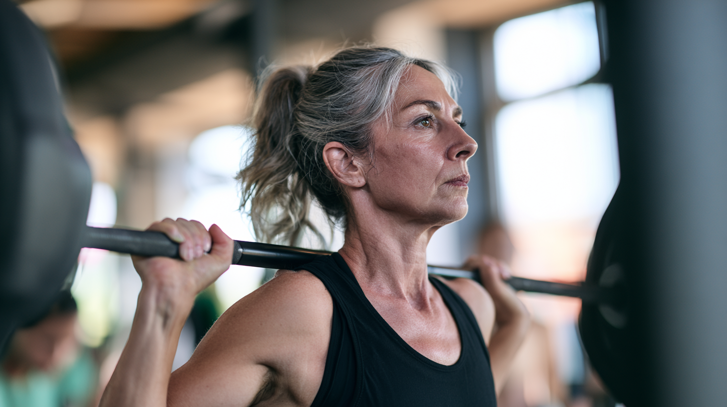 Frau um die 50 beim Krafttraining mit der Langhantel im Studio