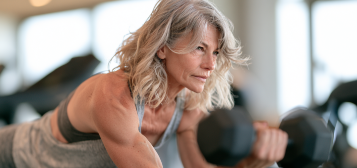 Frau um die 50 beim Krafttraining, konzentriert und selbstbestimmt