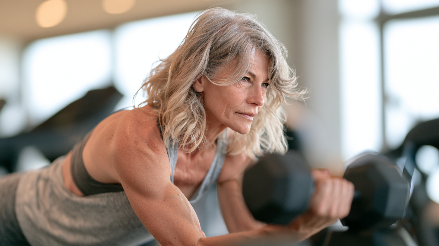 Frau um die 50 beim Krafttraining, konzentriert und selbstbestimmt