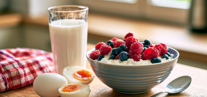 Proteinreiches Frühstück mit Quark, Beeren und Eiern auf dem Küchentisch