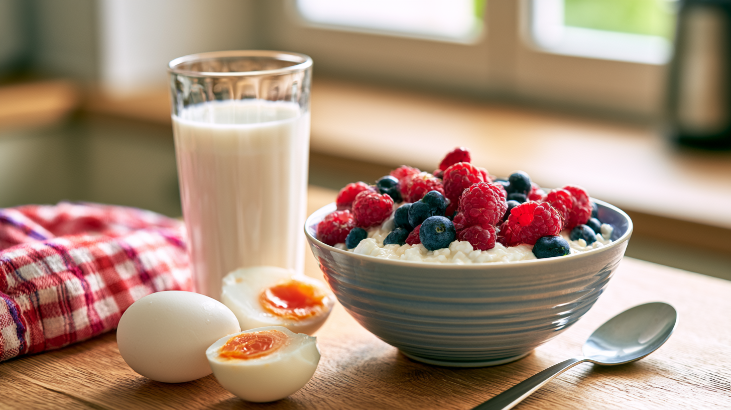 Proteinreiches Frühstück mit Quark, Beeren und Eiern auf dem Küchentisch