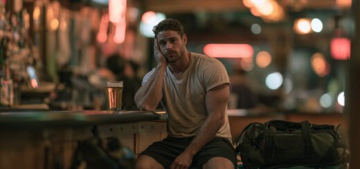 Sportlicher Mann mit Sporttasche sitzt müde an der Bar vor einem Glas Bier