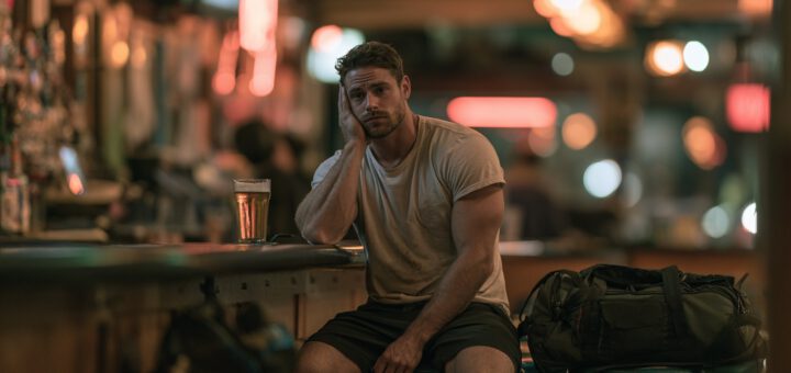 Sportlicher Mann mit Sporttasche sitzt müde an der Bar vor einem Glas Bier