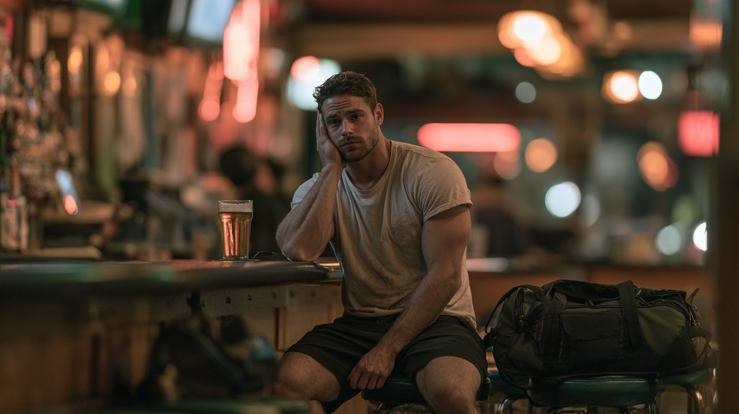 Sportlicher Mann mit Sporttasche sitzt müde an der Bar vor einem Glas Bier