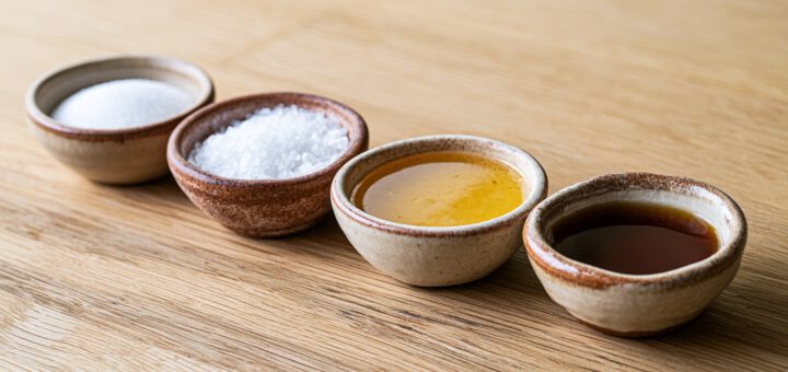 Vier Schälchen mit Zucker, Erythrit, Honig und Yaconsirup nebeneinander
