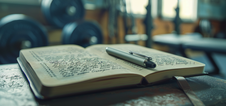 Aufgeschlagenes Trainingstagebuch mit handschriftlichen Sätzen auf einer Hantelbank im Fitnessstudio
