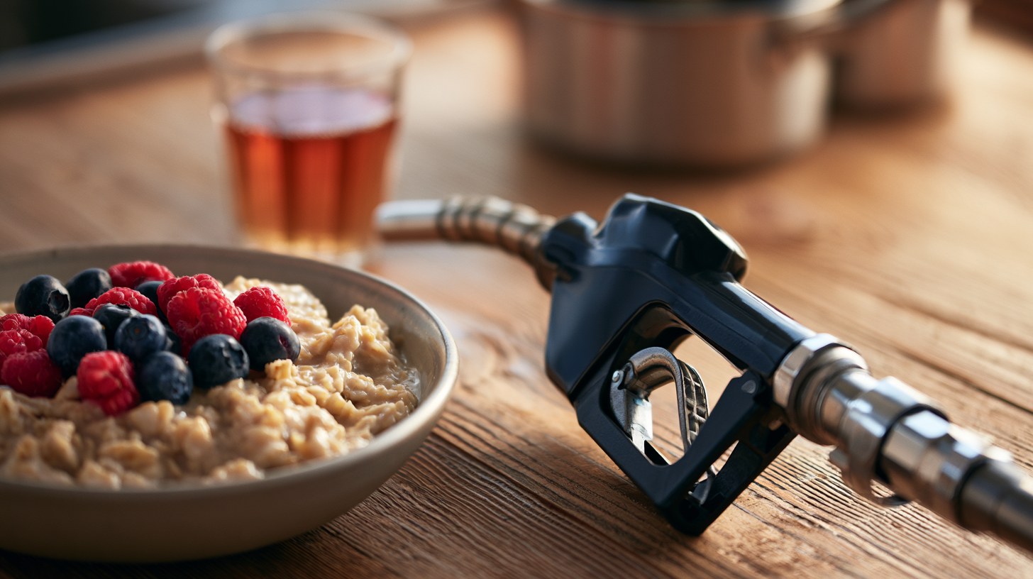 Zapfpistole neben einer Schüssel Haferflocken mit Beeren auf einem Holztisch