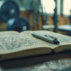 Aufgeschlagenes Trainingstagebuch mit handschriftlichen Sätzen auf einer Hantelbank im Fitnessstudio