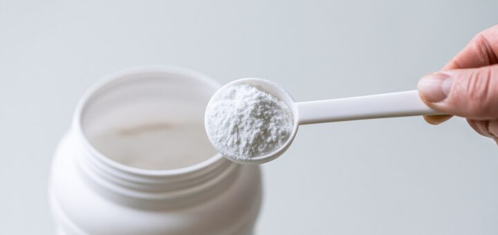 Hand hält einen Messlöffel mit weißem Kreatinpulver über einer geöffneten Dose