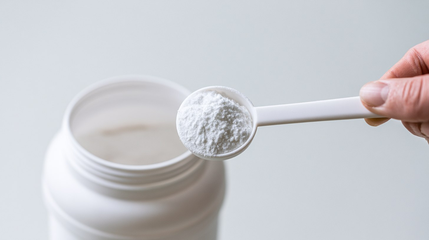 Hand hält einen Messlöffel mit weißem Kreatinpulver über einer geöffneten Dose