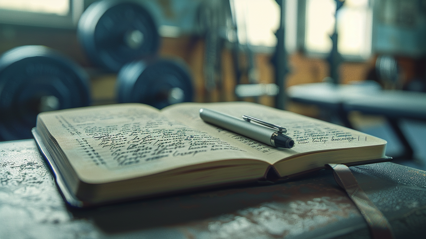 Aufgeschlagenes Trainingstagebuch mit handschriftlichen Sätzen auf einer Hantelbank im Fitnessstudio