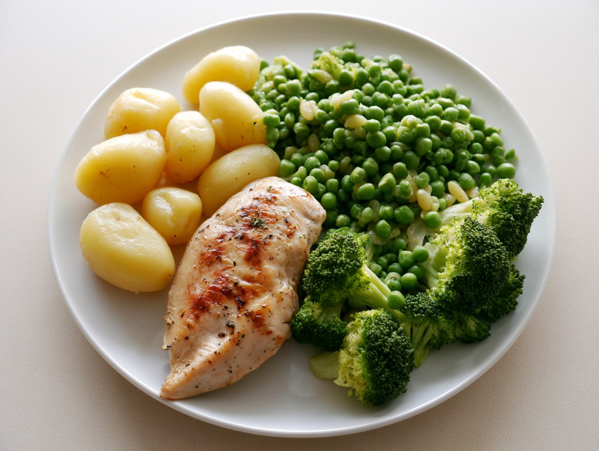 Teller mit Hähnchenbrust, Salzkartoffeln, Erbsen und Brokkoli von oben