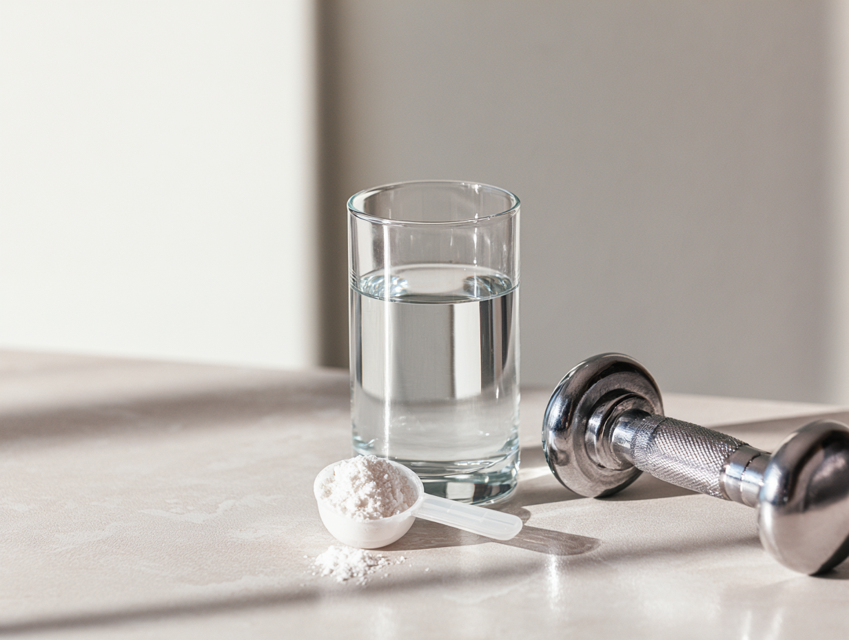 Messlöffel mit Kreatinpulver neben Glas und Kurzhantel