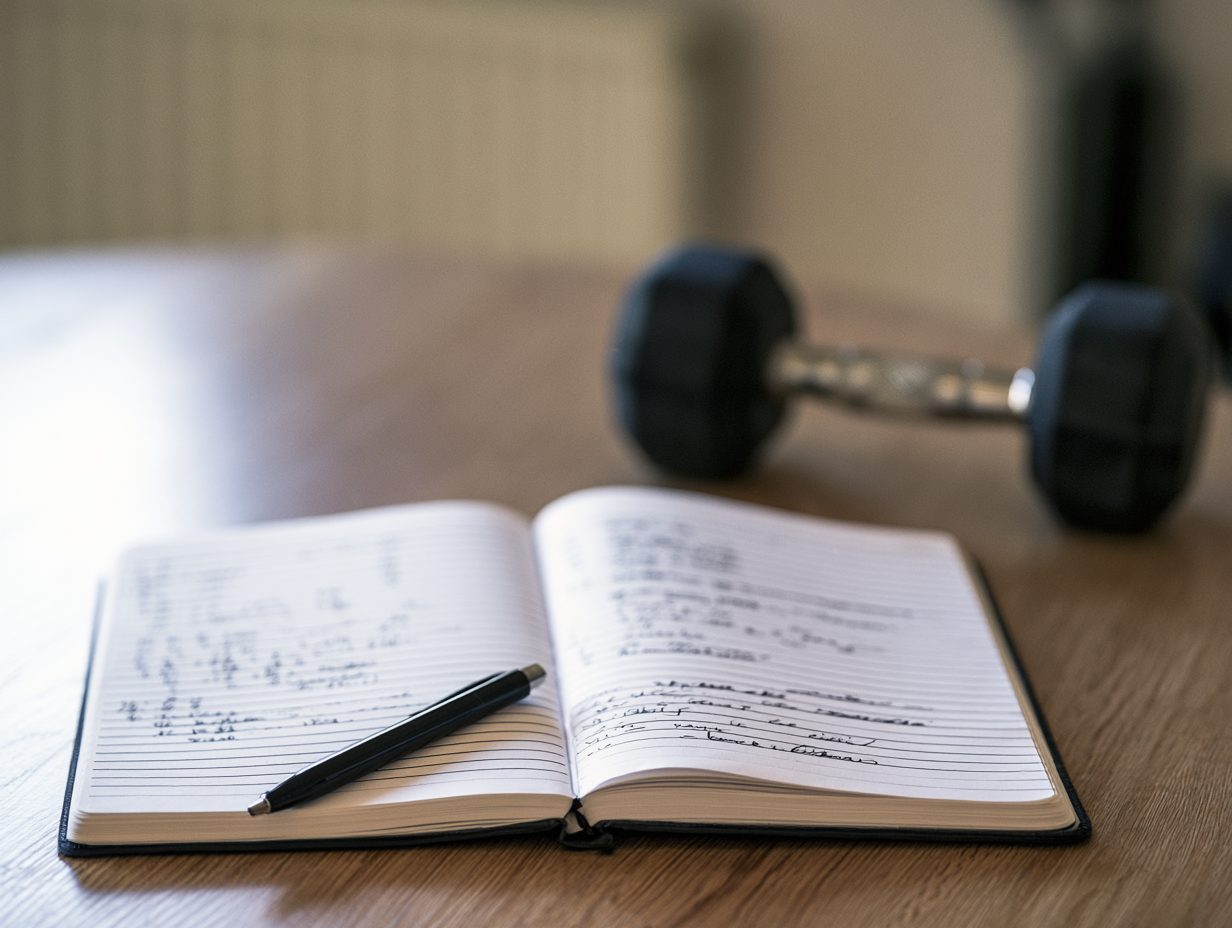 Trainingstagebuch mit handschriftlichen Notizen neben Kurzhantel