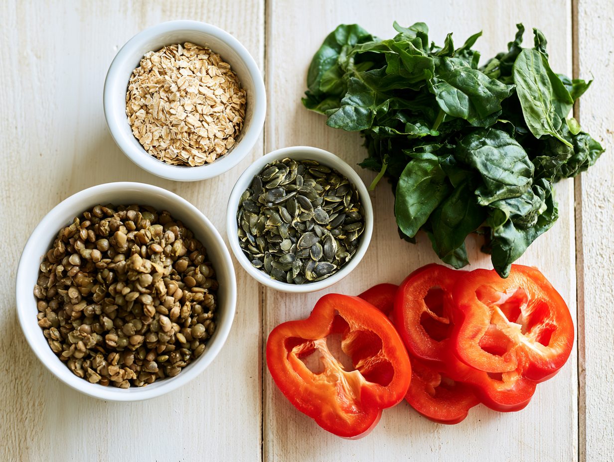 Eisenreiche Lebensmittel: Linsen, Haferflocken, Kürbiskerne und Paprika
