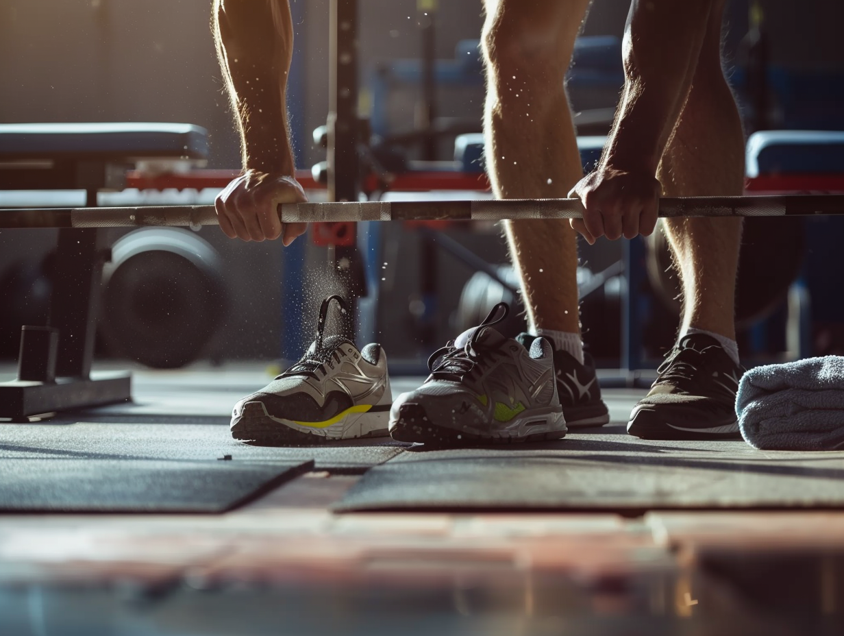 Hantelstange und bereitgelegte Laufschuhe - Kraft und Cardio am selben Tag