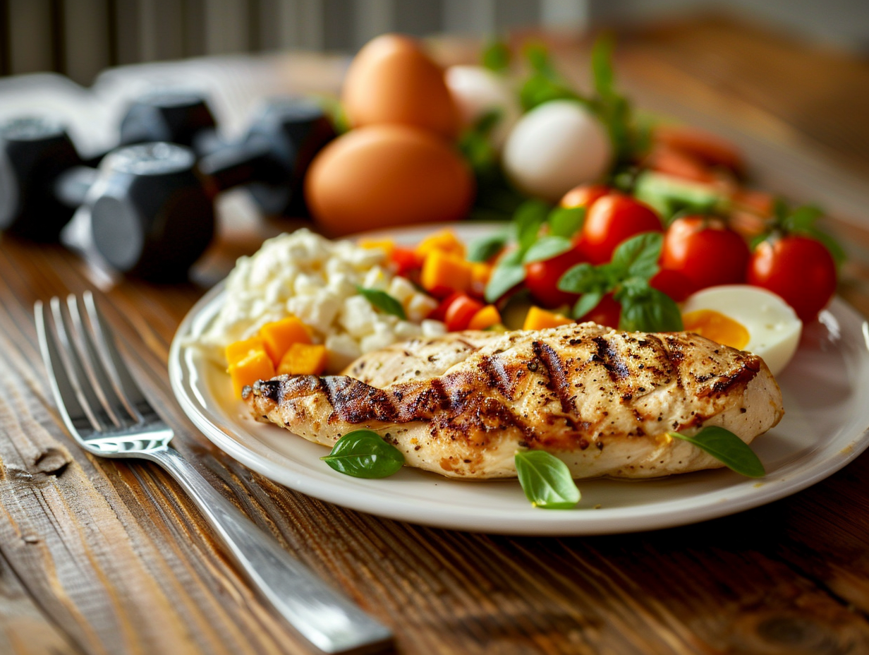 Proteinreiche Mahlzeit neben Kurzhanteln - Baumaterial für den Muskelerhalt
