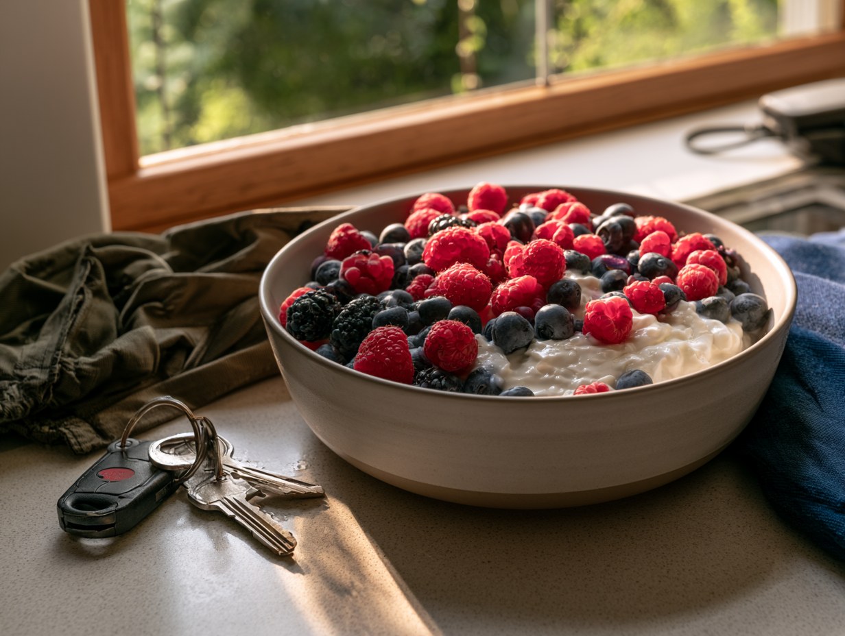 Schüssel Magerquark mit Beeren neben Schlüssel und Jacke vor dem Ausgehen