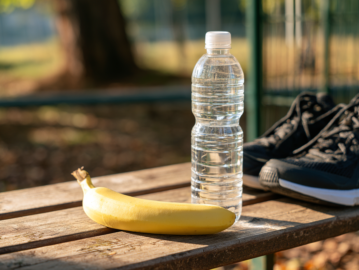 Wasserflasche und Banane vor dem Lauf - Energie für längere Nüchternläufe