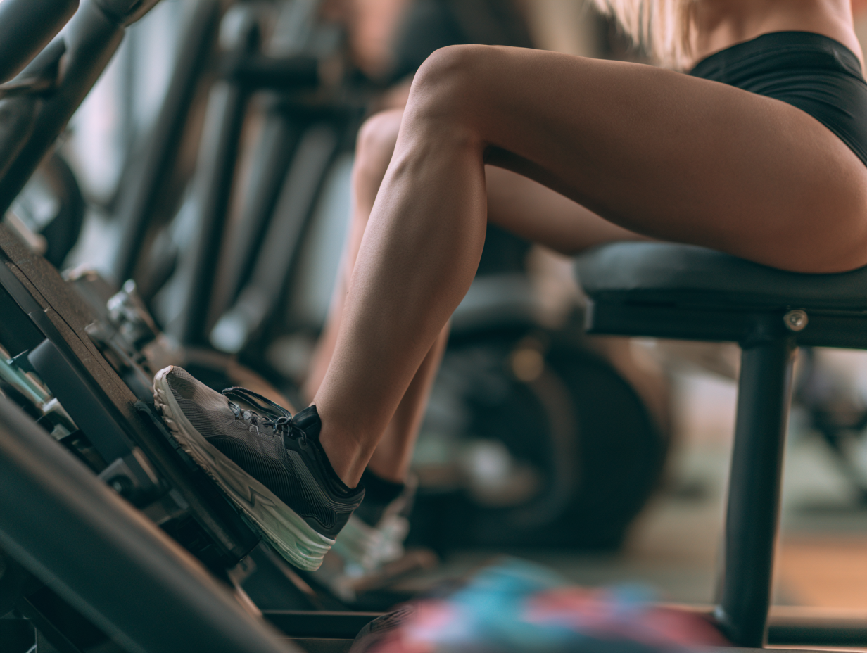 Muskulöse Beine an der Beinpresse und Laufschuhe - Reparatur-Stress durch Laufen