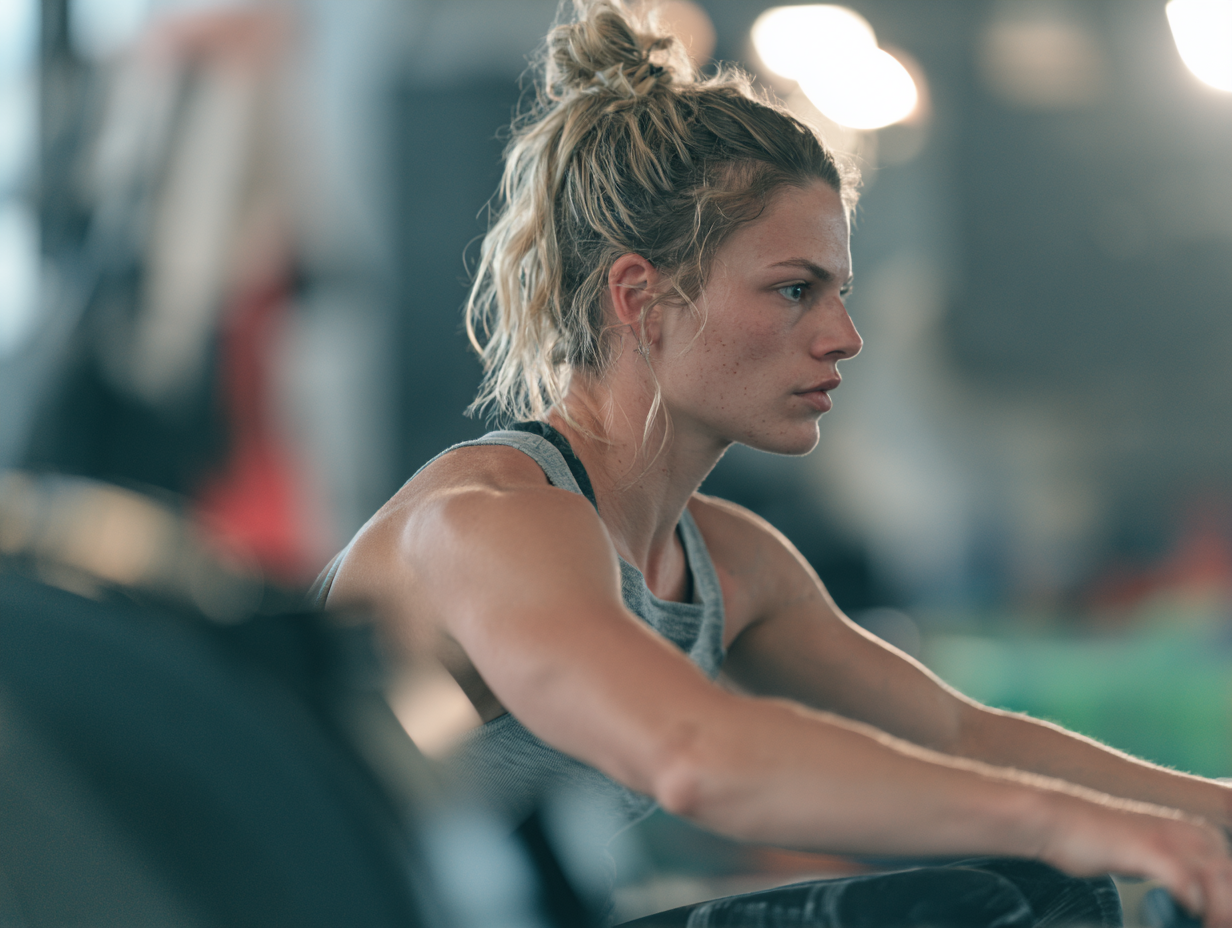 Muskulöser Athlet locker auf dem Rudergerät - schonendes Cardio