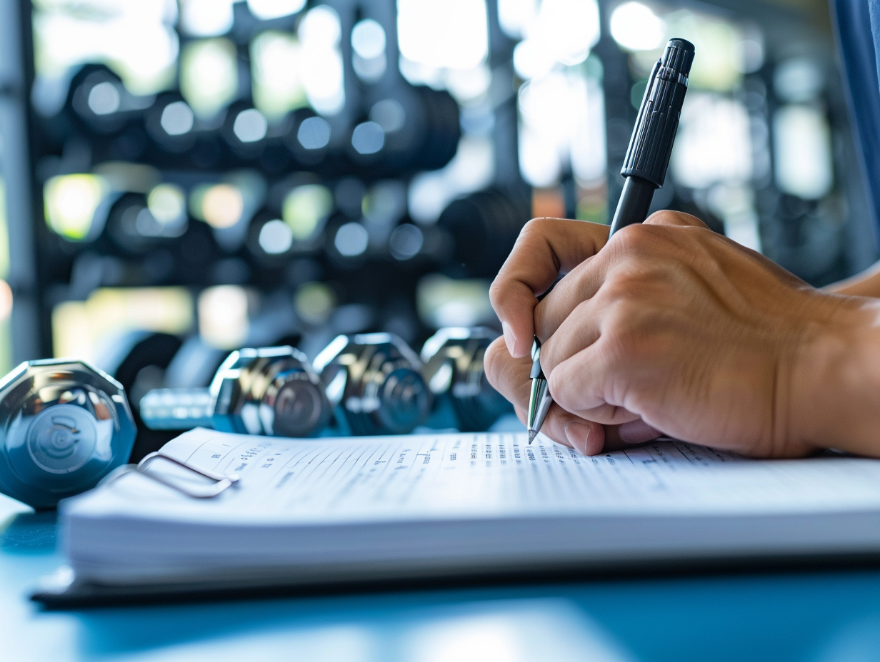 Sportler trägt zwischen zwei Sätzen Gewicht und Wiederholungen in sein Trainingstagebuch ein