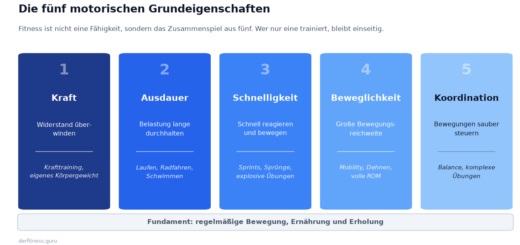 Die fünf motorischen Grundeigenschaften Kraft, Ausdauer, Schnelligkeit, Beweglichkeit und Koordination als Säulen-Schaubild