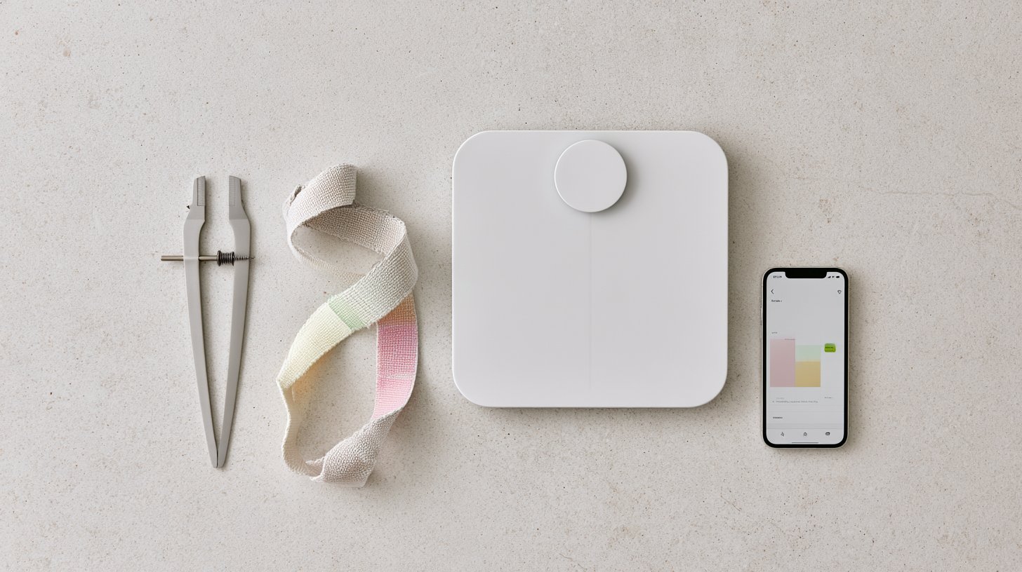 Werkzeuge zum Körperfettanteil messen: Caliper, Maßband, Körperfettwaage und App im Flat-Lay