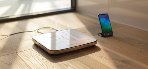 Moderne smarte Körperfettwaage auf hellem Holzboden, daneben ein Smartphone mit der Körperanalyse-App