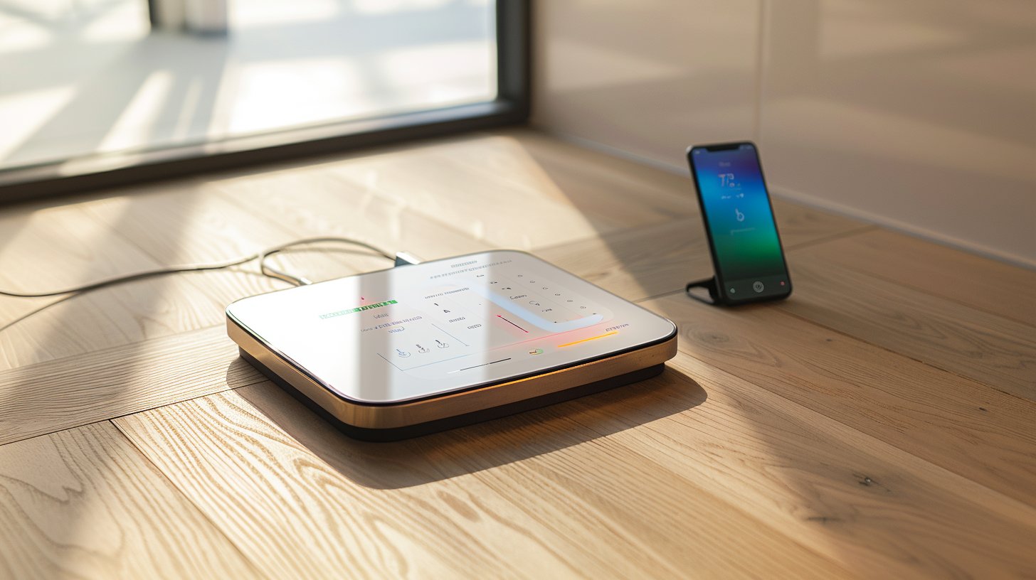 Moderne smarte Körperfettwaage auf hellem Holzboden, daneben ein Smartphone mit der Körperanalyse-App