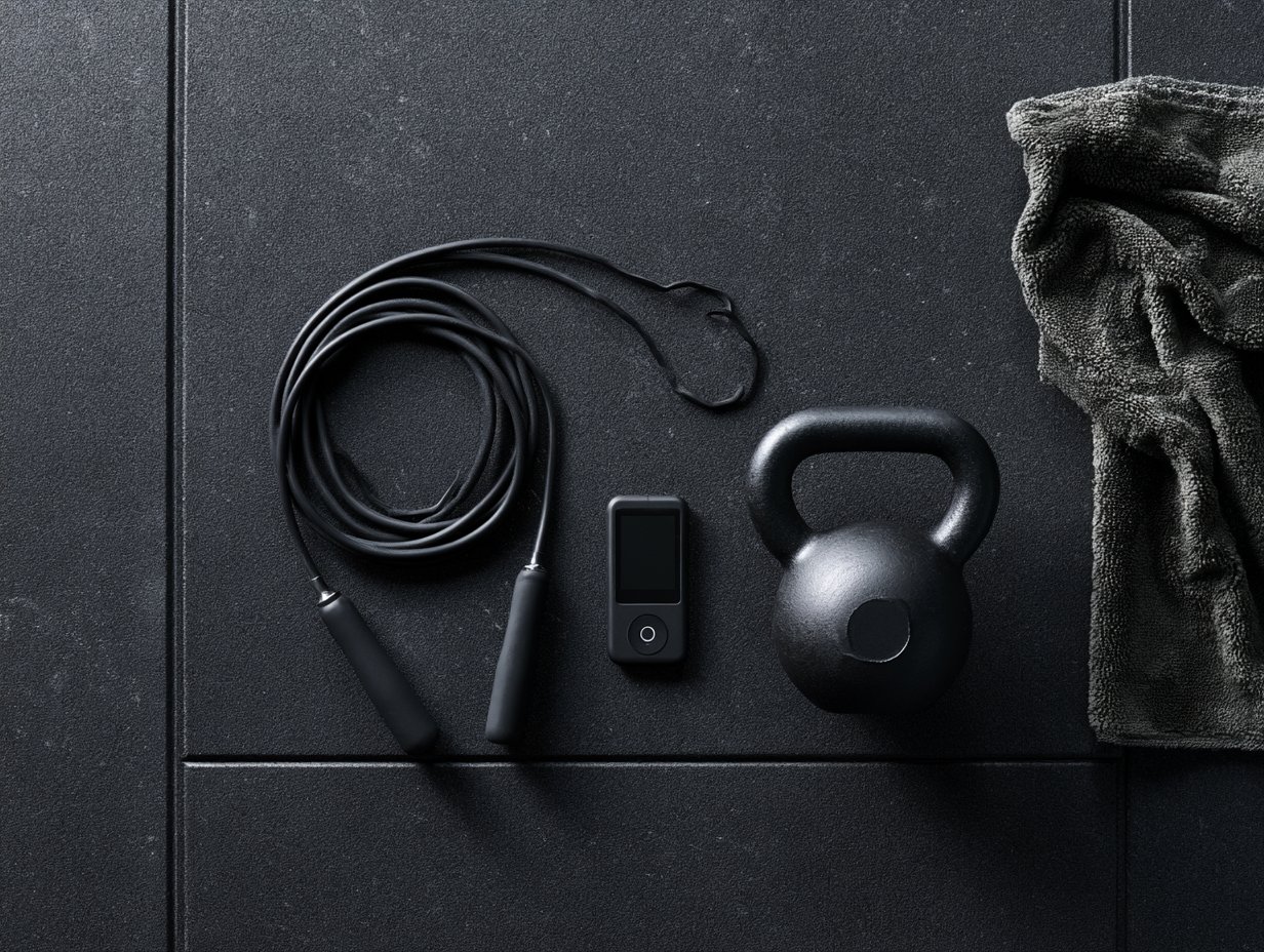 HIIT-Ausrüstung von oben auf dunklem Gummiboden: Springseil, Intervall-Timer, Kettlebell und Handtuch