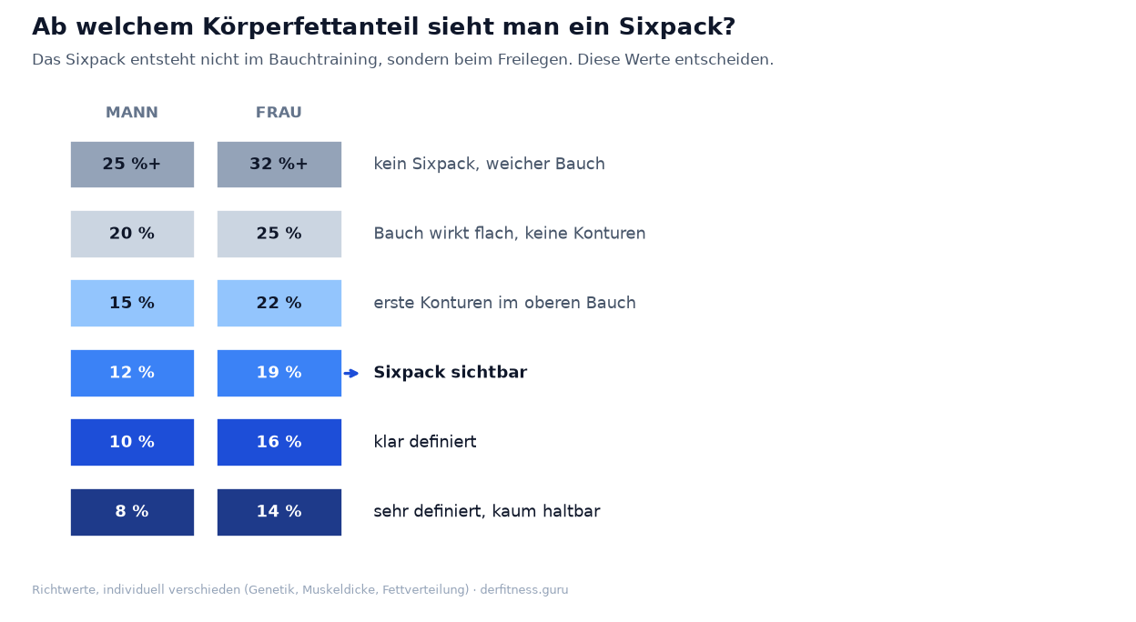 Skala: ab welchem Körperfettanteil die Bauchmuskeln bei Männern und Frauen sichtbar werden
