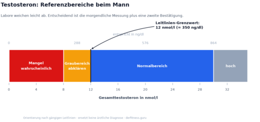 Skala der Testosteron-Referenzbereiche beim Mann von Mangel über Graubereich bis Normalbereich mit Grenzwert 12 nmol pro Liter