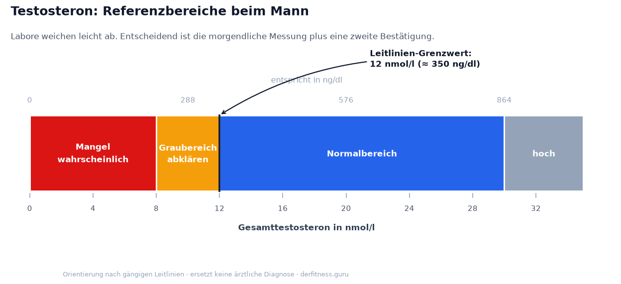 Skala der Testosteron-Referenzbereiche beim Mann von Mangel über Graubereich bis Normalbereich mit Grenzwert 12 nmol pro Liter