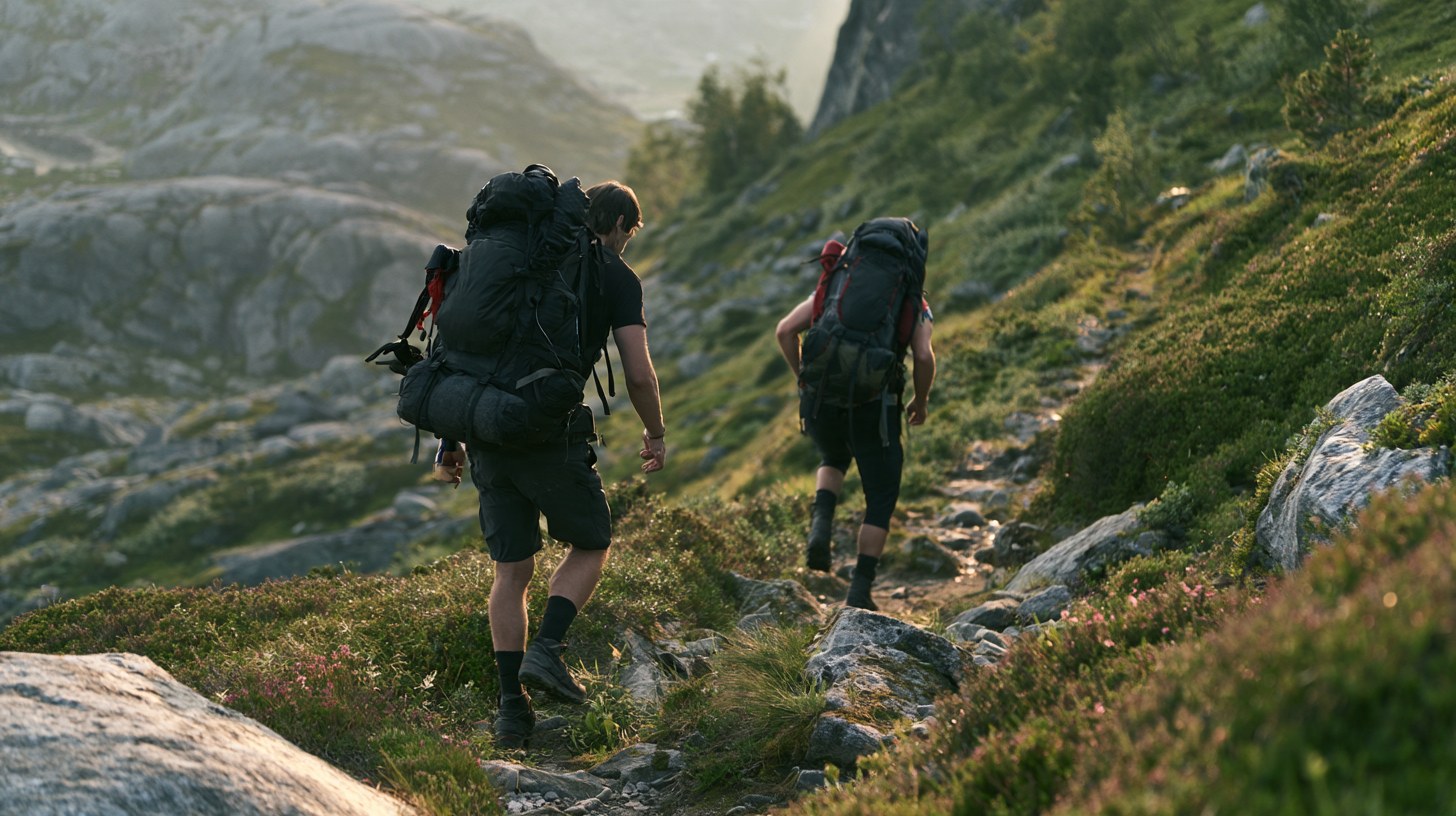 Zwei Wanderer mit Rucksäcken steigen einen felsigen Bergpfad ab
