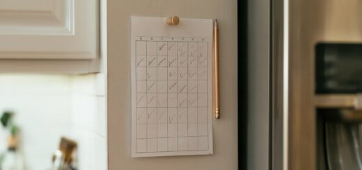 Selbstgezeichneter Gewohnheitskalender mit Häkchen und einzelnen leeren Tagen an der Küchenwand
